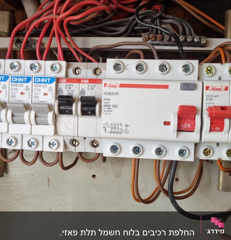 לוח חשמל עם מפסקים וחוטים חשמליים